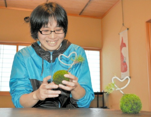 黒松でハート形の苔玉を作る花澤美智子さん