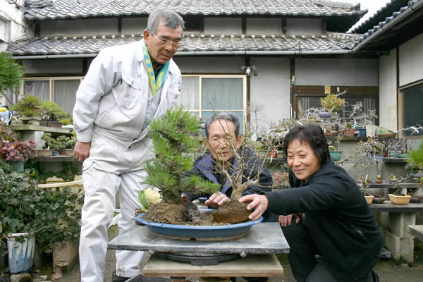 三好さん（中央）に寄せ植え造りを指導する岡田夫妻